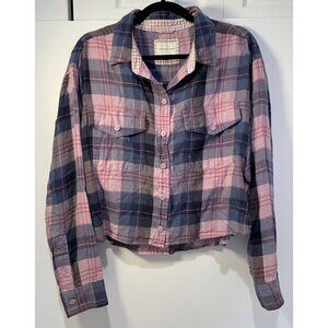 American Eagle Womens Cozy Cabin Plaid Flannel Shirt Large Cropped Preppy Y2K